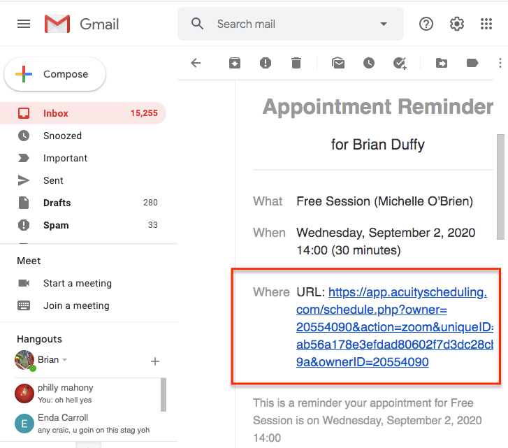 What your appointment reminder email will look like (with a link to the zoom call)